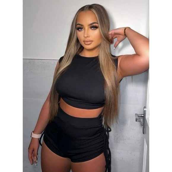 Black Sleeveless Ruched Crop Top and High Waist Shorts Two Piece Set - Picture 9 of 11